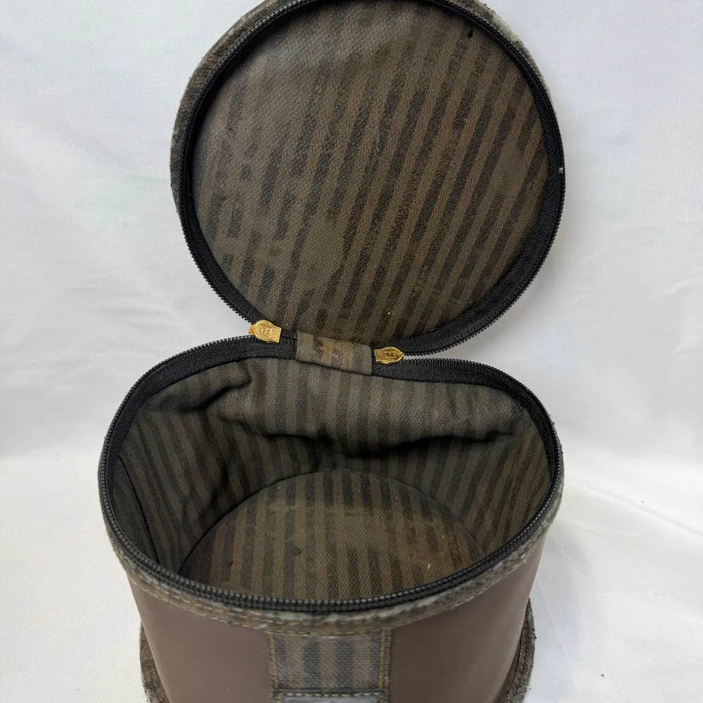 Fendi Vintage Cosmetic Bag Women OS Brown Pequin Stripe Vanity Case Travel Pouch